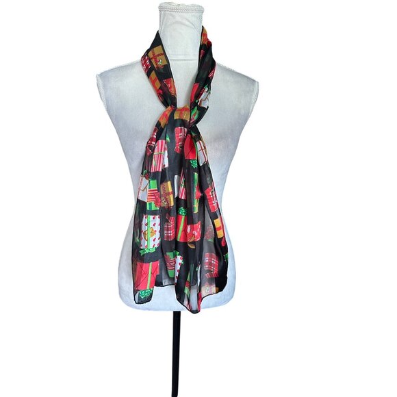 Holiday Gift Box Print Infinity Scarf 60"x13" Lightweight Sheer Satin Shawl - Picture 3 of 10